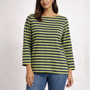 Marimekko Finland Green Blue Striped Cotton Boat Neck 7/8 Sleeve Top Size XL